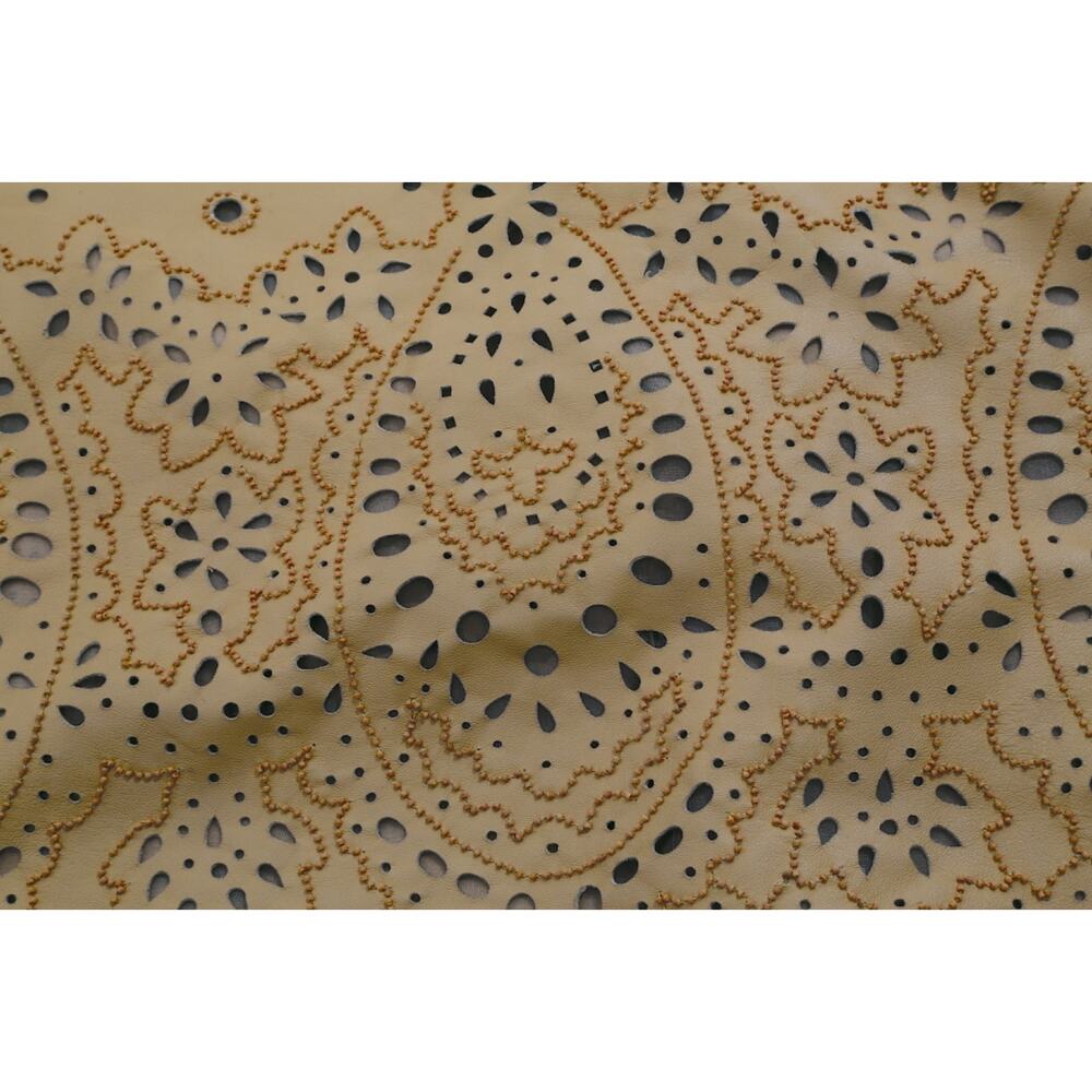 Vintage Oscar de la Renta Tan Leather Laser Cut Eyelet Paisley Pencil Skirt Sz 2 - Picture 12 of 12